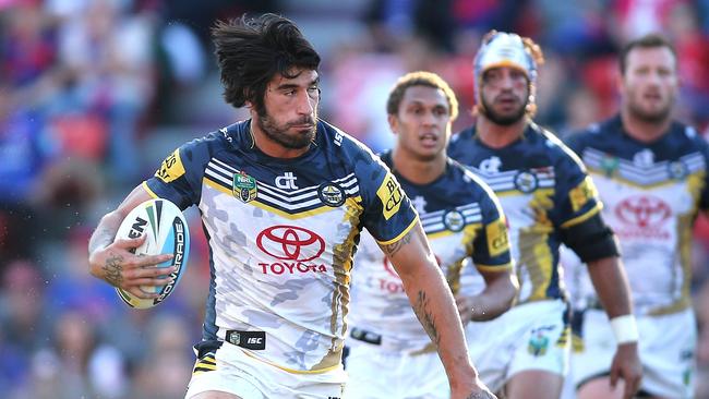 NEWCASTLE, AUSTRALIA - APRIL 25: James Tamou of the Cowboys runs the ball during the round eight NRL match between the Newcastle Knights and the North Queensland Cowboys at Hunter Stadium on April 25, 2015 in Newcastle, Australia. (Photo by Tony Feder/Getty Images)