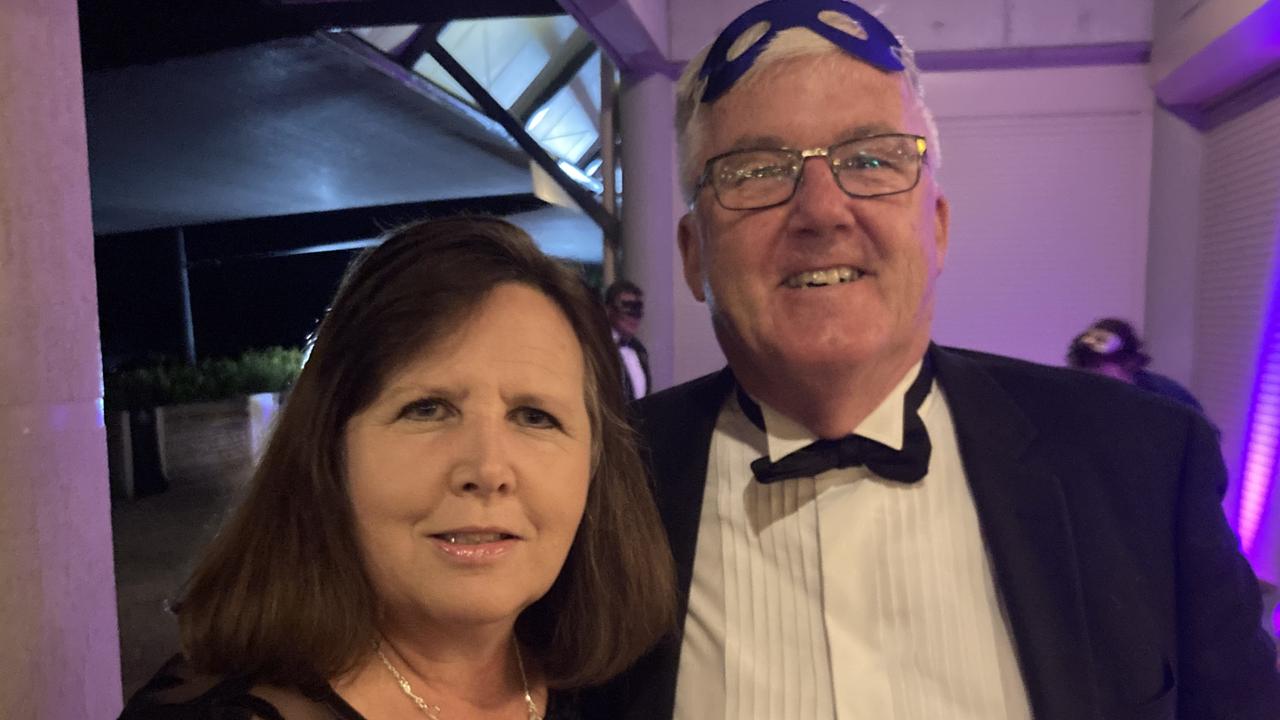 Linda and Tim Wess celebrate at the Gympie RSL Masked Ball, April 29 2023.