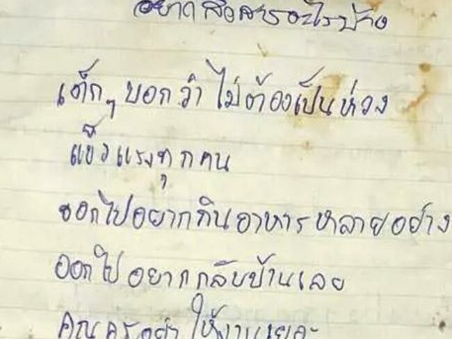 The note left for parents of the 12 boys in the Thai cave from their coach. Picture: Supplied