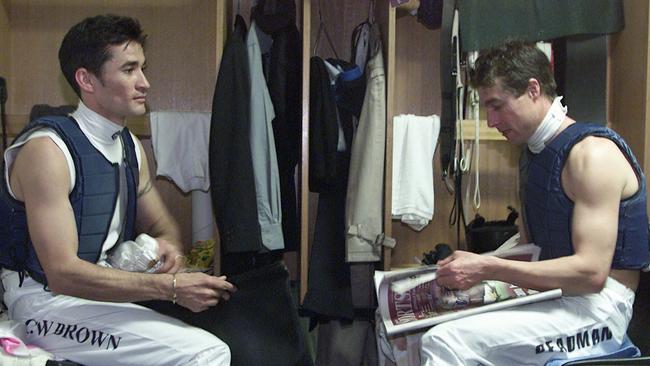 Flashback to 2002 - Corey Brown (left) and Darren Beadman (right, reading the Sportsman) battled out the Sydney jockeys premiership with Brown successful. Picture: Rohan Kelly.