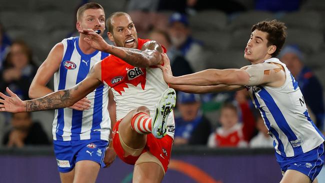 Lance Franklin kicked four goals against the Kangaroos. Picture: Michael Willson/AFL Photos via Getty Images