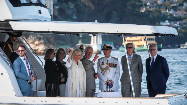 King Charles and Queen Camilla conduct a Royal Navy fleet review alongside Australia's Governor-General Sam Mostyn on Sydney Harbour. Picture: Roni Bintang/Getty Images