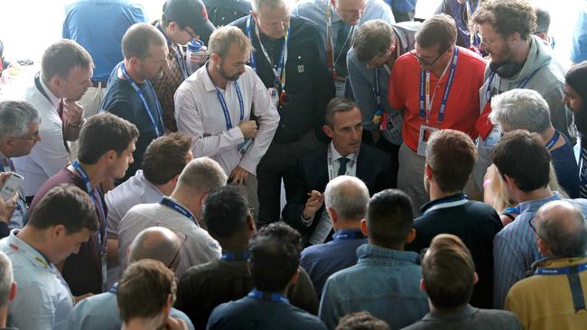 Brian Murgatroyd, press spokesman for the Australian Cricket Team, briefs members of the media on Steve Smith's injuries. Picture: AFP