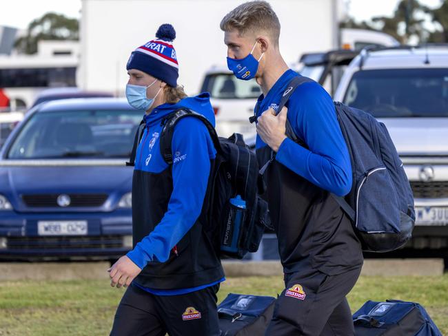 1/07/2021: Western Bulldogs players arrive at Melbourne Jet Base to take a charter flight to Queensland.Picture: David Geraghty