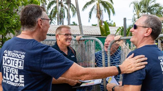 Independent Jeff Collins (right) doorknocking with Territory Alliance's Terry Mills and Johnston candidate Steven Klose last week. Source: Facebook