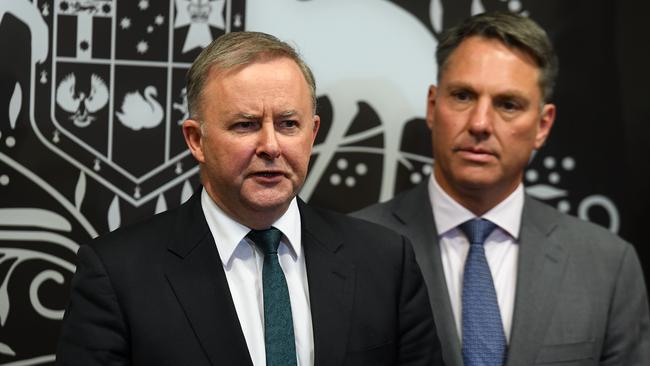 Federal Opposition Leader Anthony Albanese flanked by his deputy Richard Marles.