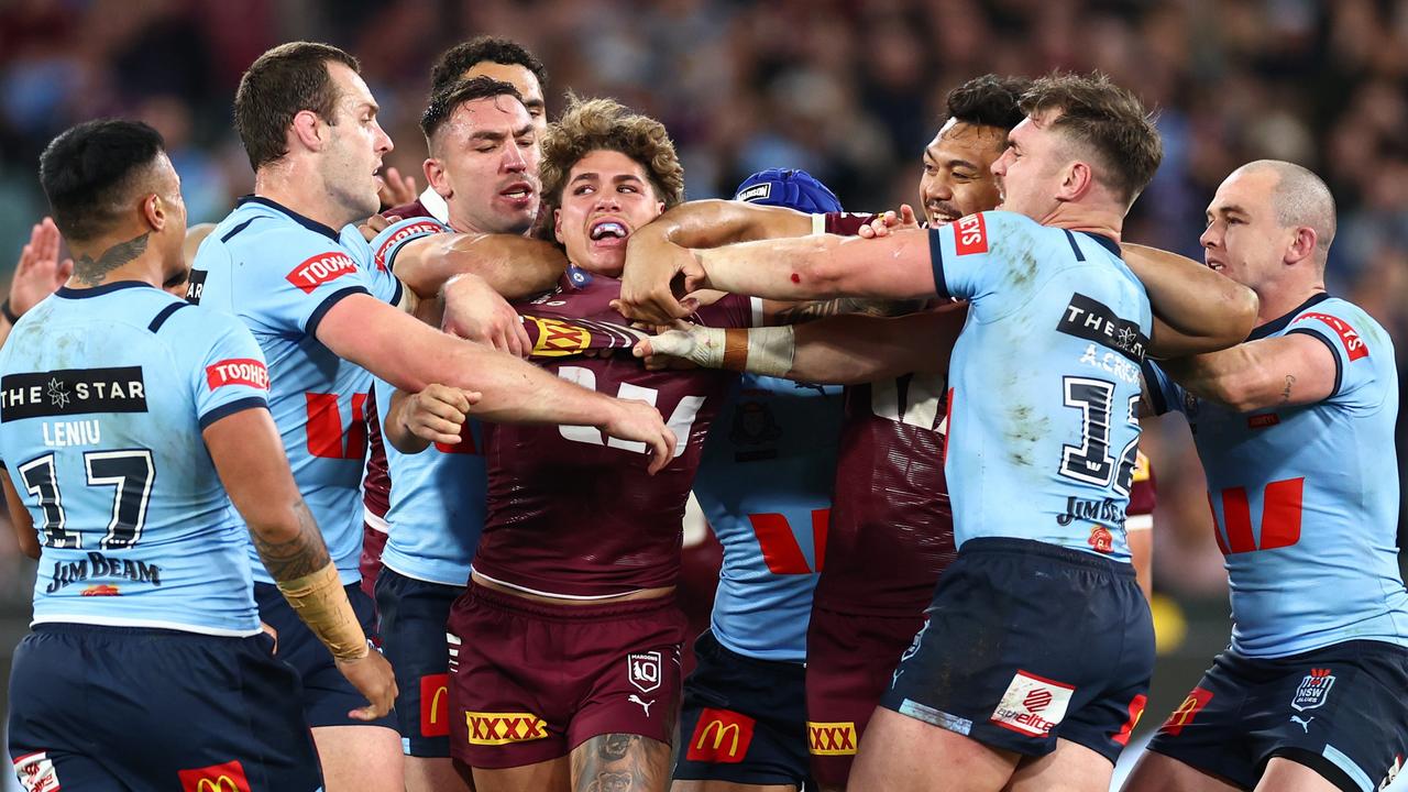 Players scuffle during the second half. Picture: Quinn Rooney/Getty Images