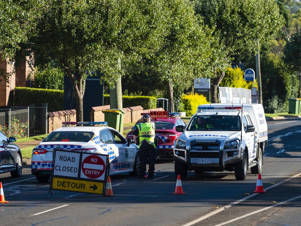 Police incident on Ruthven St near Kate St, Tuesday, March 15, 2022. Picture: Kevin Farmer