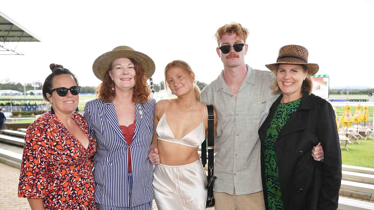 Jodie Moore, Tania Cowley, Meg Whitley, Edan Cowley and Stacey Kennedy at the Noosa Cup Race Day. Picture: Patrick Woods.