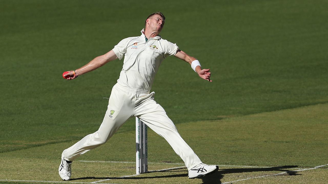 Riley Meredith took two wickets on the first day of Australia A’s Test match against Pakistan. Photo: Paul Kane