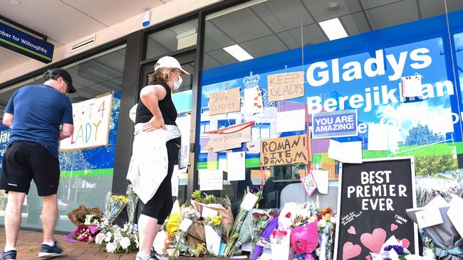 Messages and flowers are seen outside the electoral office of Gladys Berejiklian after her resignation. Picture: NCA NewsWire / Flavio Brancaleones