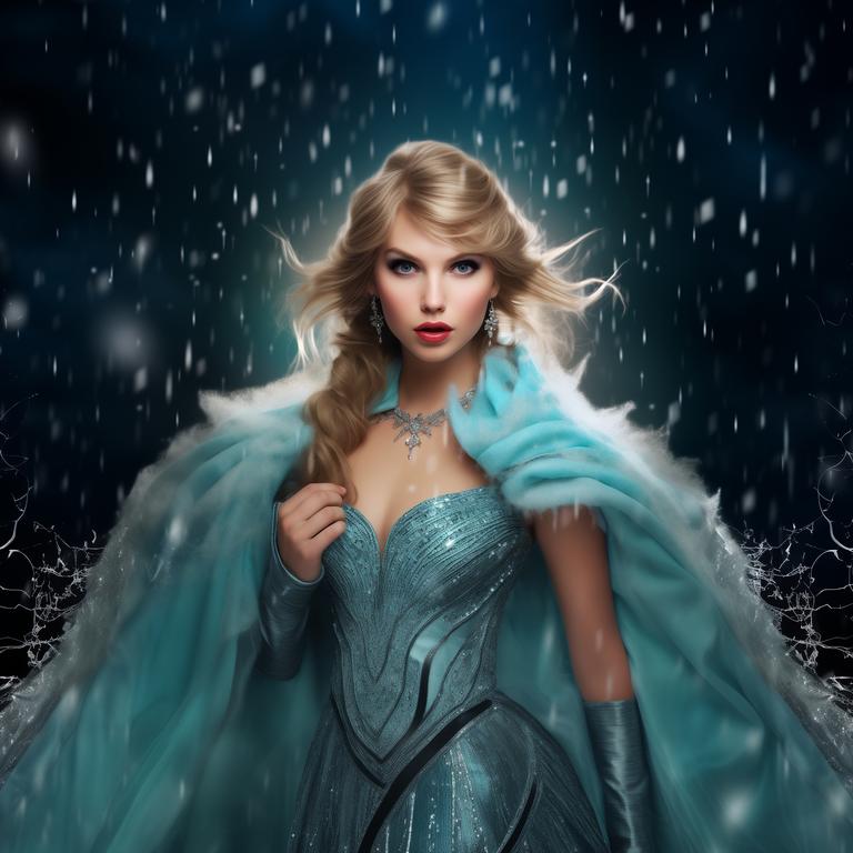 Taylor Swift shakes off the snow as she dons her cape to complete her Elsa transformation.