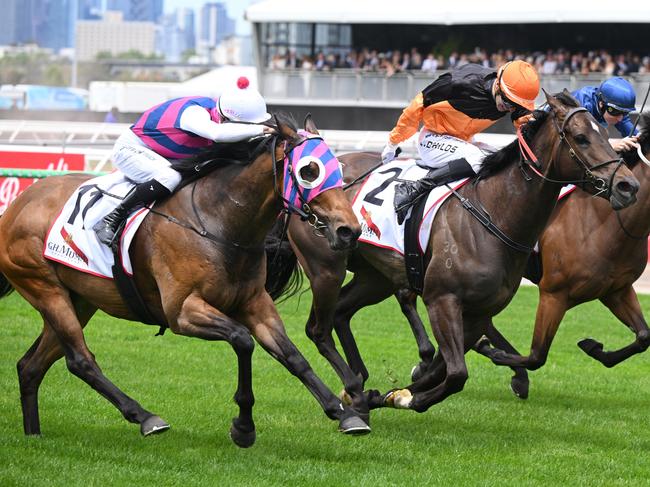 MELBOURNE, AUSTRALIA - NOVEMBER 02: Jordan Childs riding Maharba defeats Jye McNeil riding Rey Magnerio (L) and Charm Stone (r) in Race 3, the G.h. Mumm Rising Fast Stakes - Betting Odds  during 2024 Penfolds Victoria Derby Day at Flemington Racecourse on November 02, 2024 in Melbourne, Australia. (Photo by Vince Caligiuri/Getty Images)