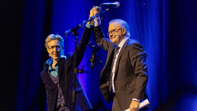 Anthony Albanese with ACTU secretary Sally McManus. Picture: Kelly Barnes