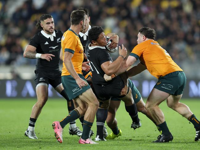 WELLINGTON, NEW ZEALAND - SEPTEMBER 28: Caleb Clarke of New Zealand istduring The Rugby Championship & Bledisloe Cup match between New Zealand All Blacks and Australia Wallabies at Sky Stadium on September 28, 2024 in Wellington, New Zealand. (Photo by Hagen Hopkins/Getty Images)