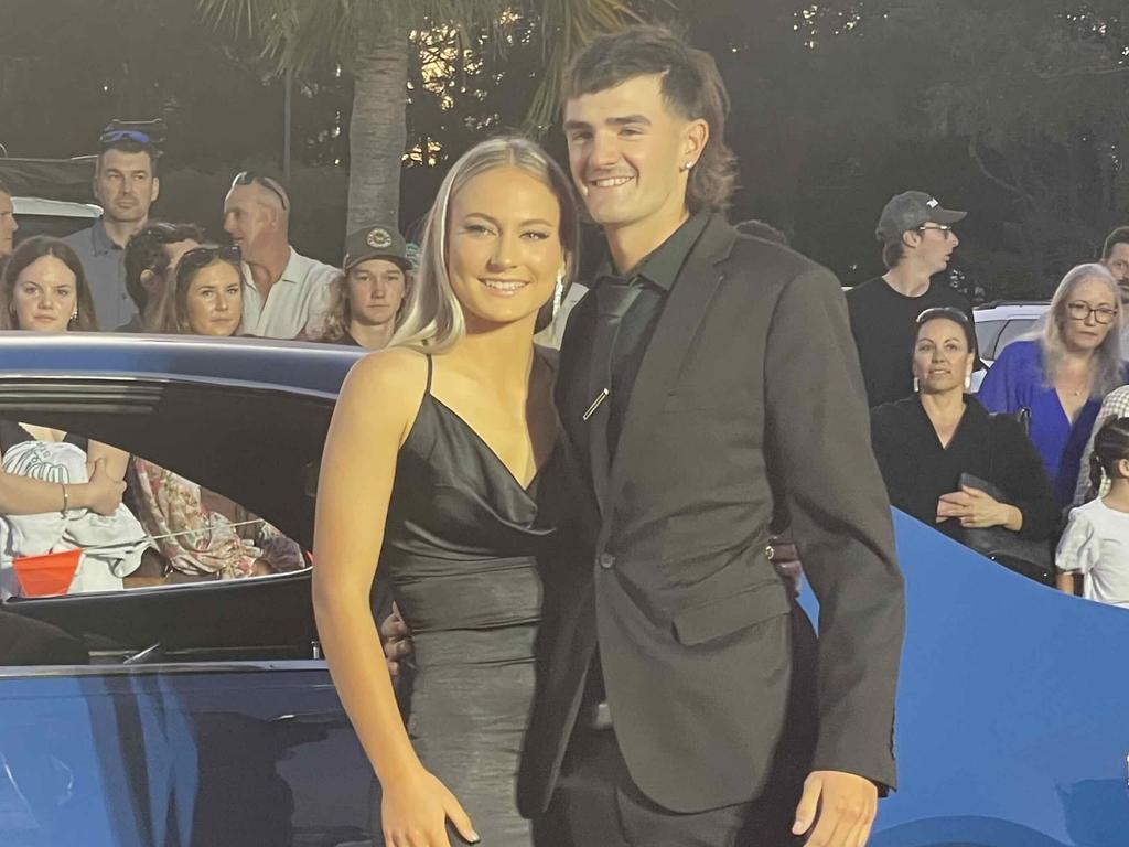 Emily Fisher and Alex McMahon on the red carpet of the 2023 Xavier College School Formal at the Hervey Bay Boat Club