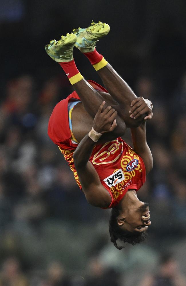 Lloyd Johnston celebrates a goal with a flip. Picture: Daniel Pockett/Getty Images.