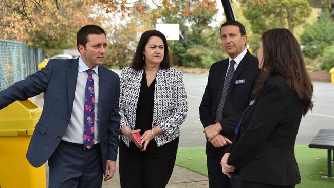 Opposition Leader Matthew Guy, Ringwood state Liberal MP Dee Ryall, Norwood Secondary College principal Andrew Sloane and school council president Cathie Wright at the school last year.