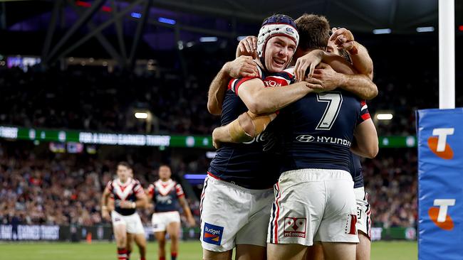 The Roosters celebrate a try by Sandon Smith. Smith’s negligent driving causing grievous bodily harm matter was listed for the first time at the Downing Centre Local Court on Friday.