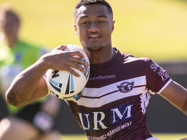 Action photographs from the Harold Matthews game between Manly v Penrith, at Brookvale Oval on 27th March 2021.Picture shows Manly's outstanding Latu Fainu making another break.(Pictures by Julian Andrews).