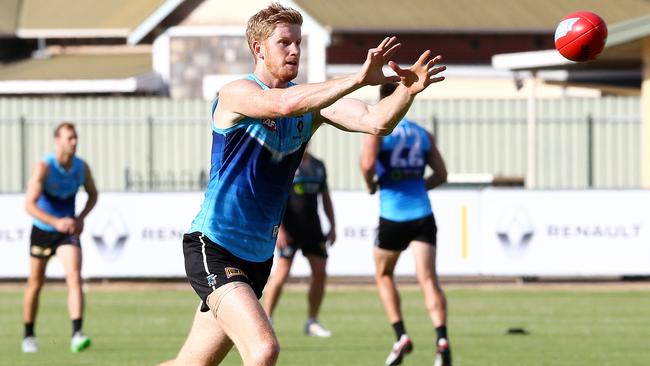 Matthew Lobbe put through his paces at training. Picture: Sarah Reed