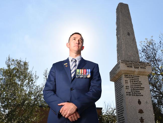 Ex-serviceman Glen Ferrarotto at the Eltham War Memorial cenotaph. Picture: Lawrence Pinder