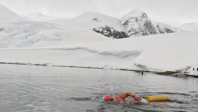 Ice swimmer Lynton Mortensen in Antarctica.