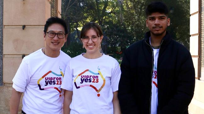 NSW MP Jason Yat-sen Li (left) with under-18 Yes campaigners Rosanna Cartwright and Venkat Mallemala at the launch of the U18 for Yes23 in Sydney. Picture: Supplied