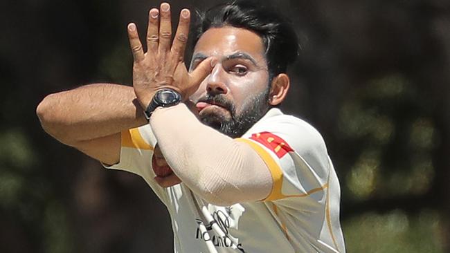 Smit Raval bowls for Blacktown Mounties against Mosman at Allan Border Oval on October 29, 2022 in Mosman. (Photo by Jeremy Ng/Newscorp Australia)