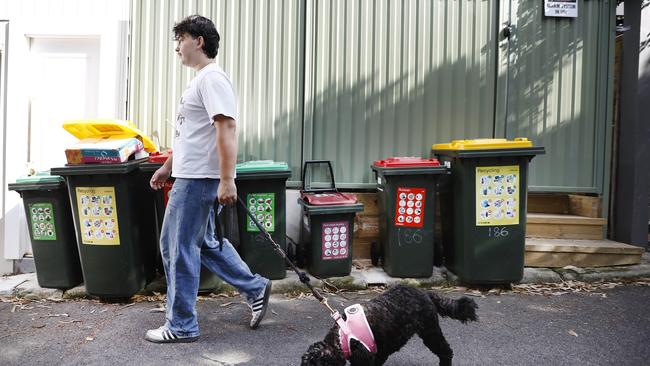 DAILY TELEGRAPH 8TH FEBRUARY 2025**Embargo Sunday for Monday feb 10, 2025** Pictured on a lane way next to his house in Forest Lodge is Nicholas Lovell with his dog Whinnie.Sydney City Council is looking to change bin collection from weekly to fortnightly.Picture: Richard Dobson