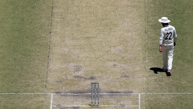New Zealand captain Kane Williamson inspects the pitch on day four. Picture: AAP