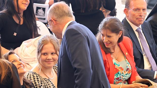 Labor leader Anthony Albanese greets Jenny Morrison, wife of Prime Minister Scott Morrison., with Former PM Tony Abbott also seen in the crowd. Picture: Toby Zerna