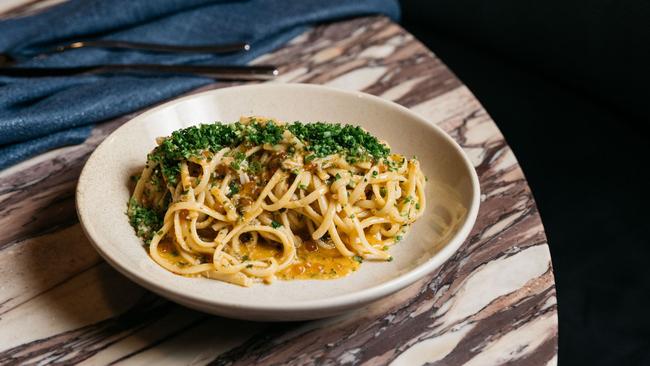 Taglierni with blue swimmer crab at Fugazzi, Adelaide.