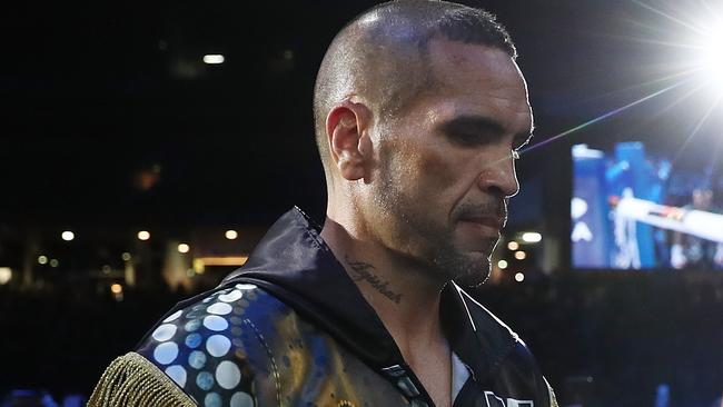 Anthony Mundine enters the ring at Suncorp Stadium to face Jeff Horn after the national anthem had been performed. Picture: Chris Hyde/Getty Images