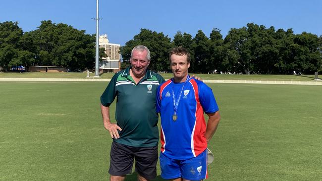 Aaron Bills (right), pictured with Mark Curry after being awarded the Mark Curry Medal as man of the match of the final. Photo: Alex Pichaloff