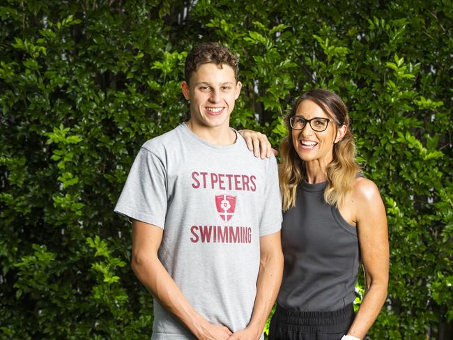 HOLD FOR WEEKEND PAPERS: TV personality Hayley Lewis with her swimming son Kai Taylor who recently broke an Australian schools record. Picture: NIGEL HALLETT