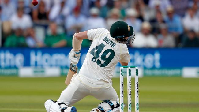 Steve Smith gets clobbered by a Jofra Archer delivery at Lord’s.