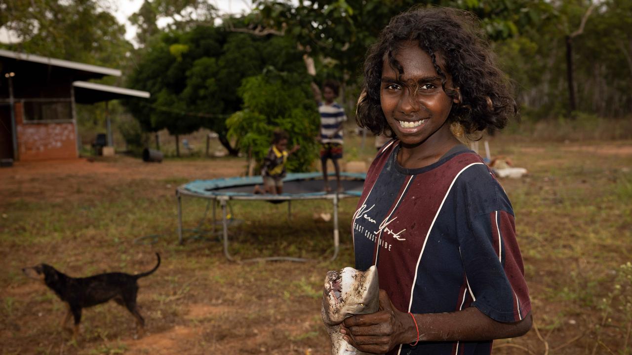 Rekayia Rankin, 14 with a shark caught near Gamardi. Picture: Rebecca Parker