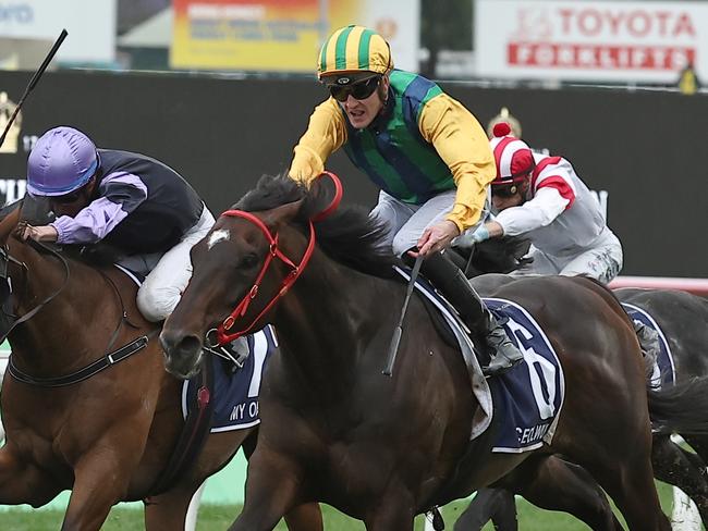 SYDNEY, AUSTRALIA - OCTOBER 19: Chad Schofield riding Ceolwulf wins Race 9 King Charles III Stakes during Sydney Racing - The Everest Day at Royal Randwick Racecourse on October 19, 2024 in Sydney, Australia. (Photo by Jeremy Ng/Getty Images)