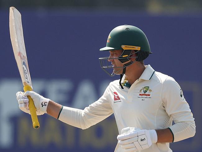 GALLE, SRI LANKA - FEBRUARY 08: Alex Carey of Australia celebrates scoring his 150 runs during day three of the Second Test match in the series between Sri Lanka and Australia at Galle International Stadium on February 08, 2025 in Galle, Sri Lanka. (Photo by Robert Cianflone/Getty Images)