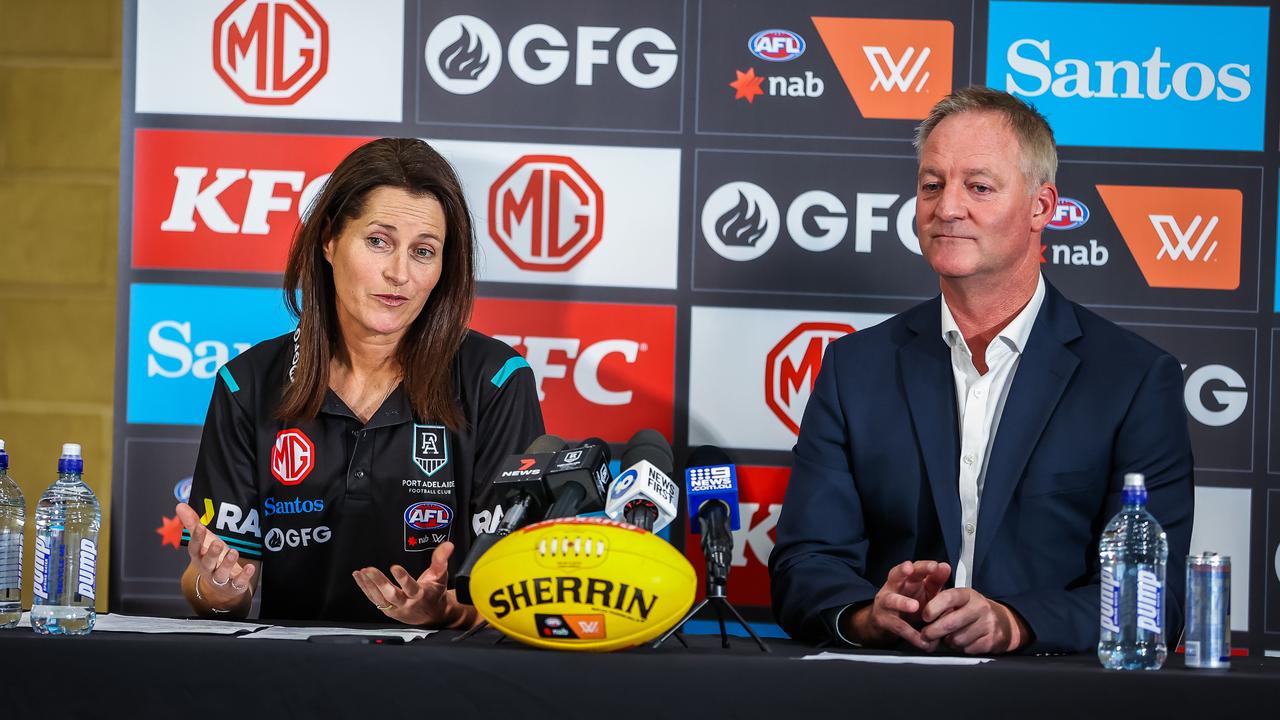 Port Adelaide CEO Matthew Richardson announces Juliet Haslam as Head of AFLW for Port. Picture: Tom Huntley