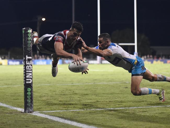 Joseph Suaalii lies high to score a try. Picture: NRL Photos