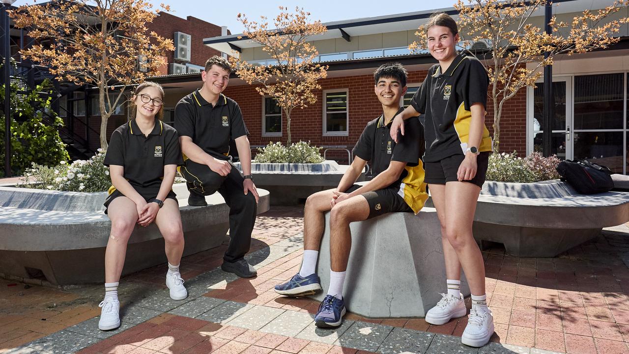 Students, Alessandra Pergoleto, 15, Jacob Ivancic, 16, Aryan Nayee, 16, and Sofia Addabbo, 15, at St Paul’s College in Gilles Plains, where the school started accepting girls in 2022. Picture: Matt Loxton