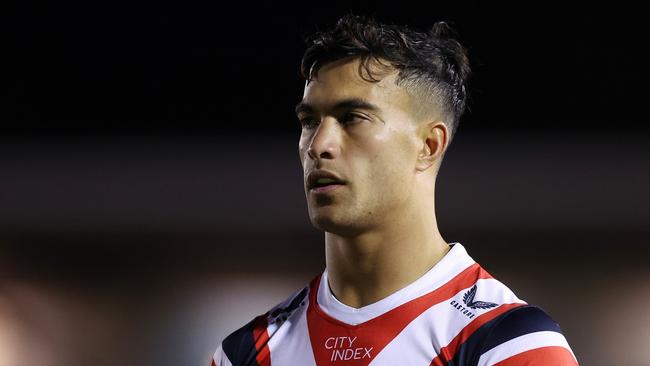 SYDNEY, AUSTRALIA - SEPTEMBER 09:  Joseph Suaalii of the Roosters warms up before the NRL Elimination Final match between Cronulla Sharks and Sydney Roosters at PointsBet Stadium on September 09, 2023 in Sydney, Australia. (Photo by Mark Metcalfe/Getty Images)