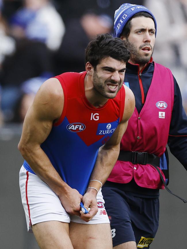 Christian Petracca after suffering the injury against Collingwood last year. Picture: Michael Klein