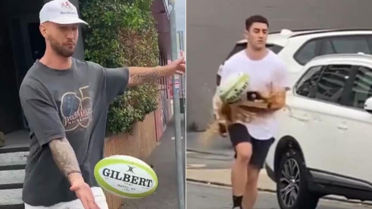 Quade Cooper nailed a man carrying coffees with a pinpoint kick.