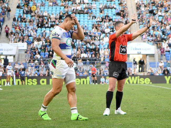 Commentators were left baffled after Roger Tuivasa-Scheck was controversially sin-binned for a ‘dangerous tackle’. Picture: NRL Imagery