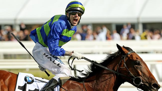 Nick Hall wins the Caulfield Cup on board Jameka. Picture: Colleen Petch