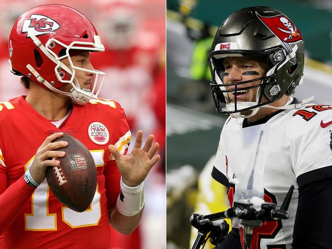 (COMBO) This combination of pictures created on January 24, 2021 shows Quarterback Patrick Mahomes #15 of the Kansas City Chiefs on December 27, 2020 in Kansas City, Missouri and quarterback Tom Brady #12 of the Tampa Bay Buccaneers on January 24, 2021 in Green Bay, Wisconsin. - The Kansas City Chiefs will face the Tampa Bay Buccaneers during Super Bowl 55 on February 7, 2021 at the Raymond James Stadium in Tampa, Florida. (Photos by JAMIE SQUIRE and Stacy Revere / GETTY IMAGES NORTH AMERICA / AFP)