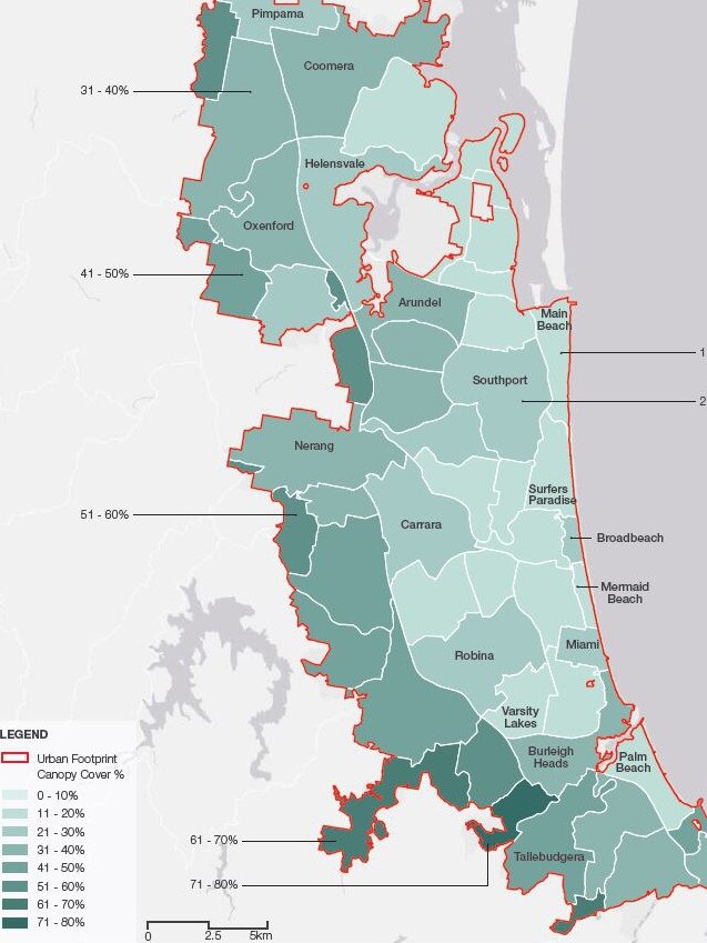 Where the tree canopy coverage is concentrated.